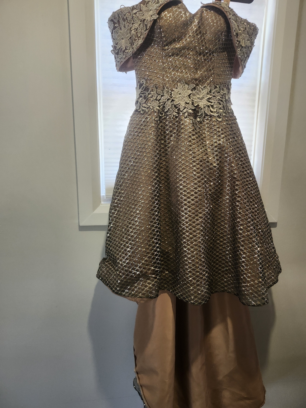 Off-Shoulder Metallic Bronze High-Low Cocktail Dress - Picture 3 of 5